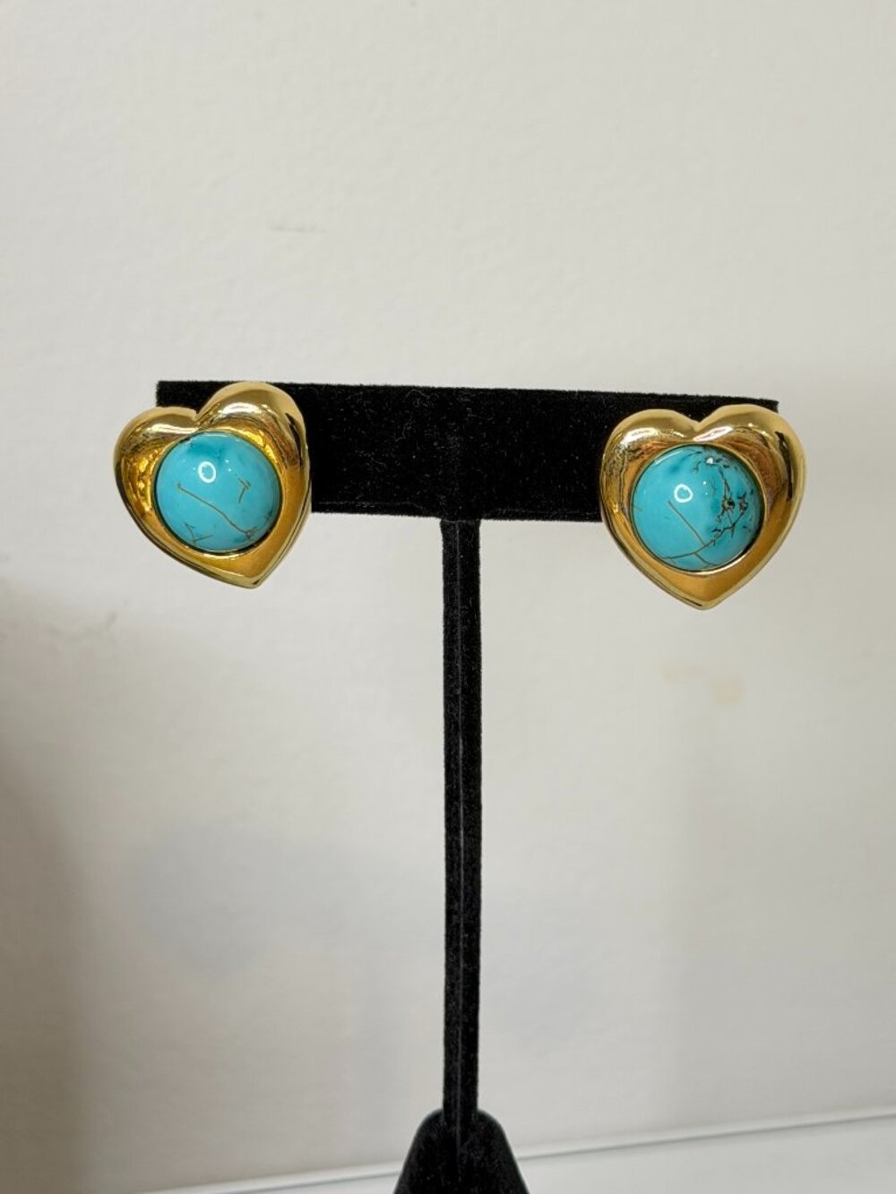 Gold Tone Heart Stud Earrings Turquoise Center Vintage Style Statement Jewelry